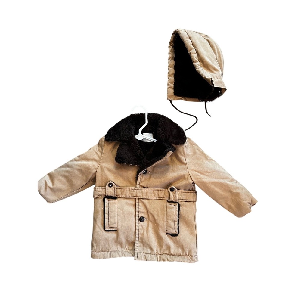 Kids Vintage Tan Faux Fur‎ Lined Hooded Winter Jacket with Belt Size 4T